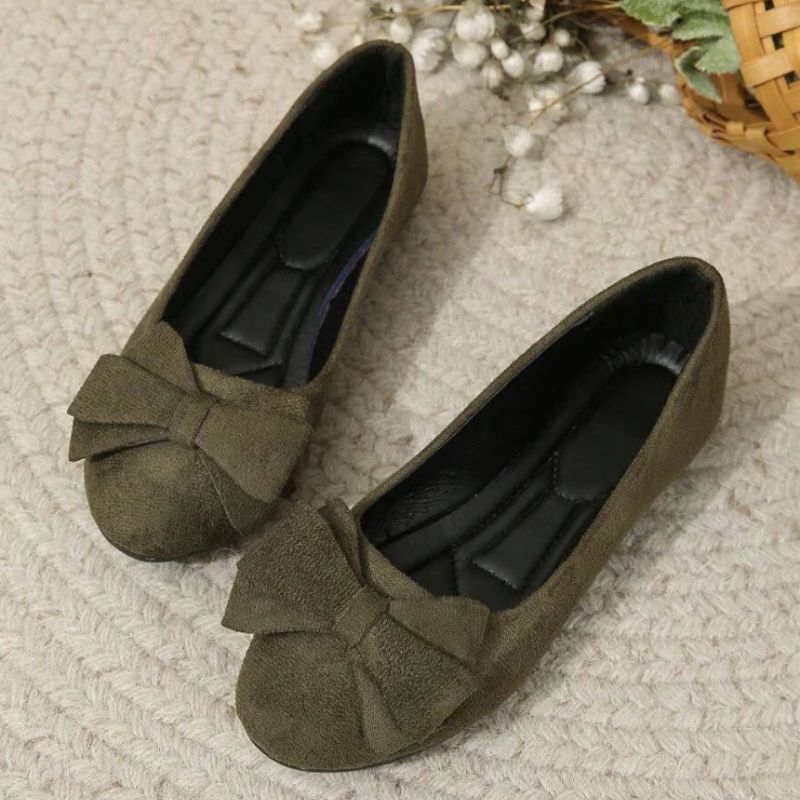 Wide-fit cushioned ballet flats, dark green faux suede, bow detail, flat lay
