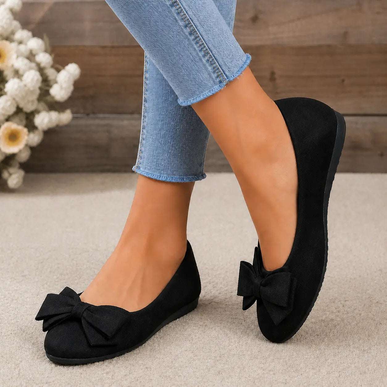 Wide-fit cushioned ballet flats in black faux suede with bow detail