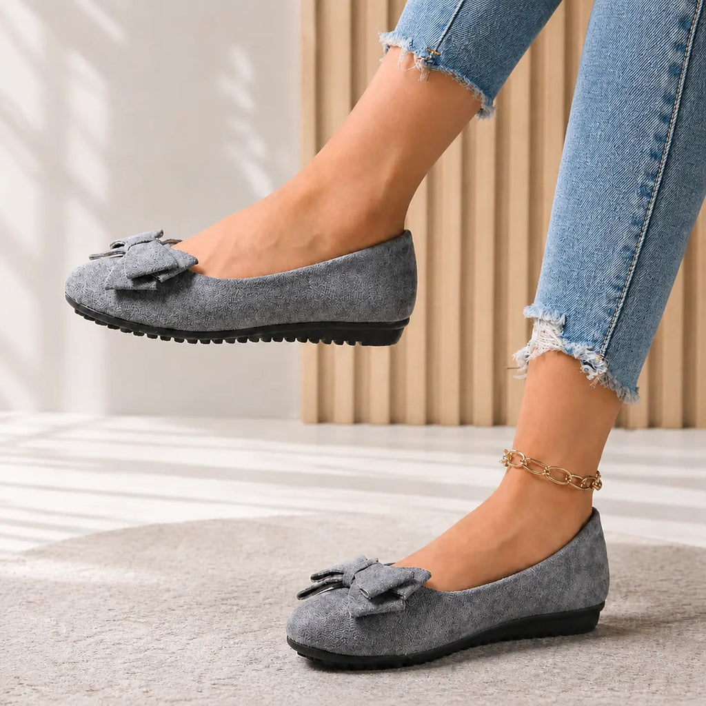 Wide-fit cushioned ballet flats, grey faux suede, bow detail, side view