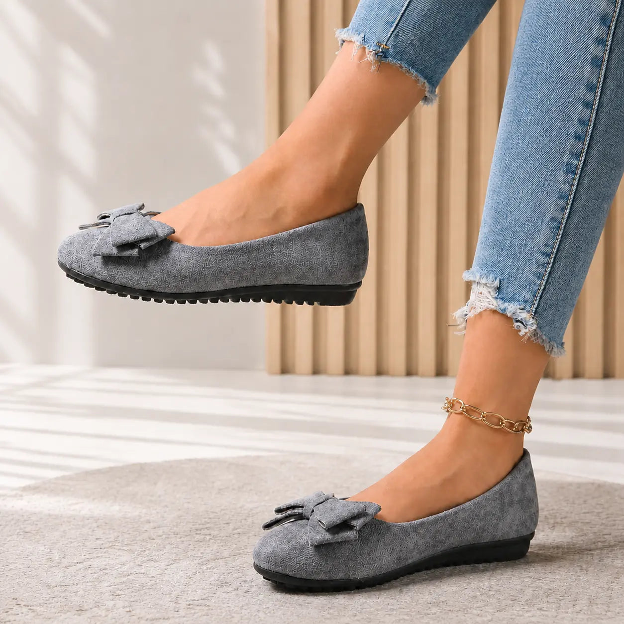 Wide-fit cushioned ballet flats, grey faux suede, bow detail, side view