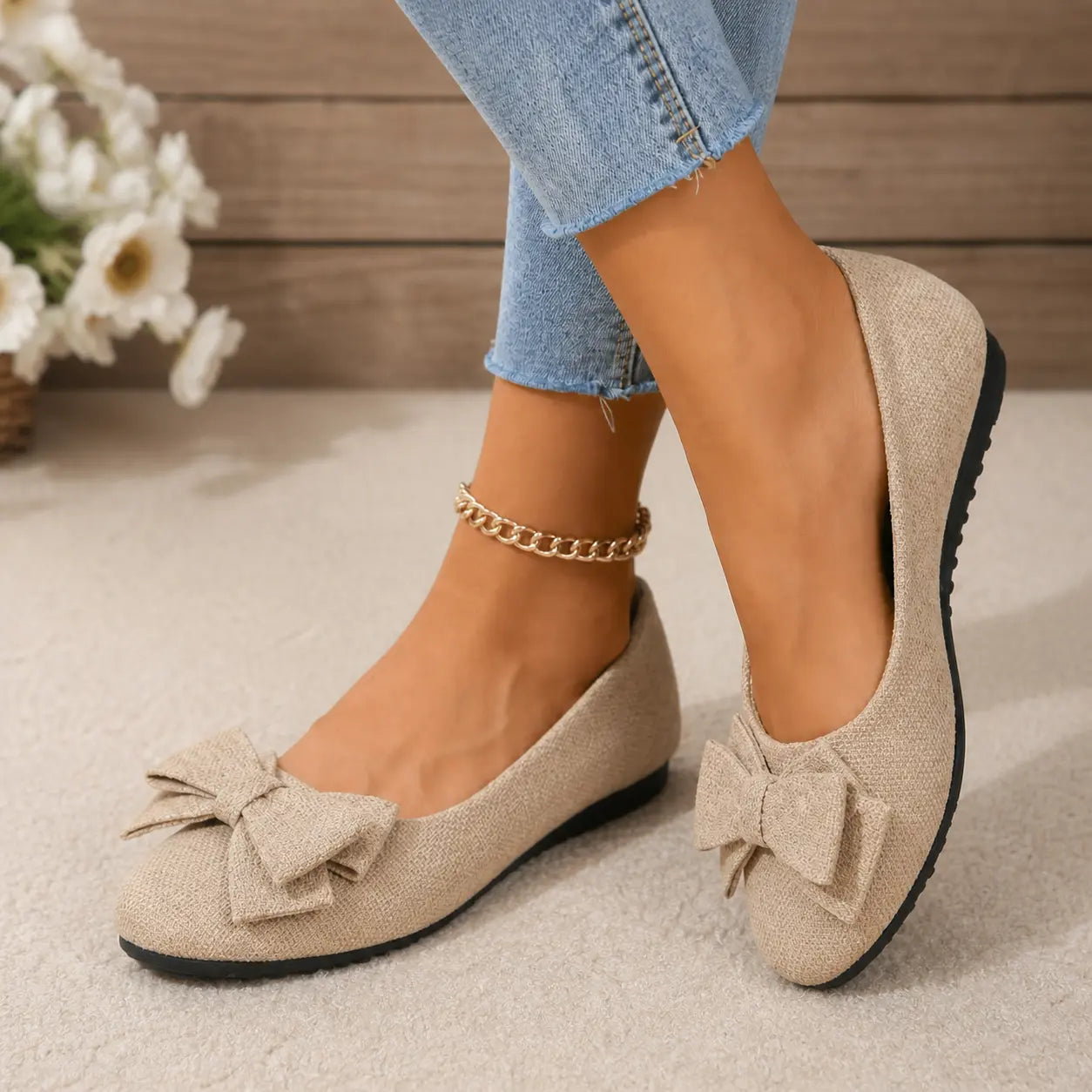 Wide-fit cushioned ballet flats in beige faux suede with bow detail