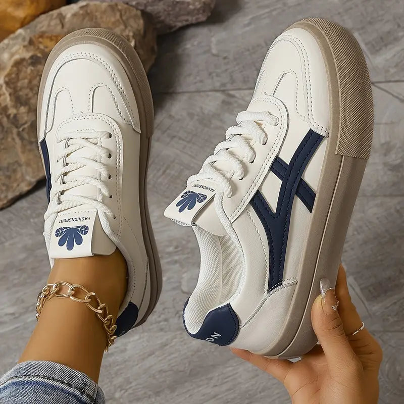 Women’s platform sneakers, white leather-look with navy side stripes and lace-up front