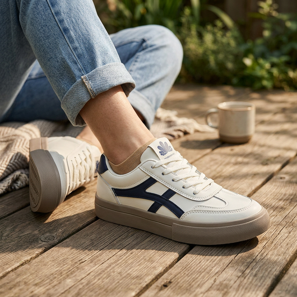 White lace-up platform sneakers with blue side stripes and cushioned sole