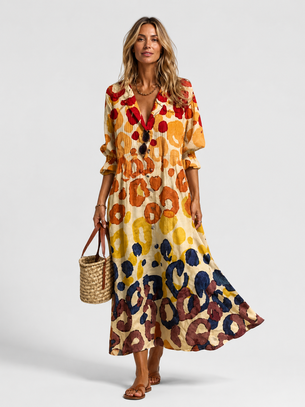 Multicolor printed shirt dress with button front, V-neck, and tiered relaxed skirt