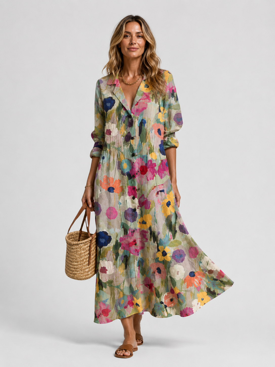 Pastel floral printed shirt dress with V-neck buttons and three-quarter length sleeves