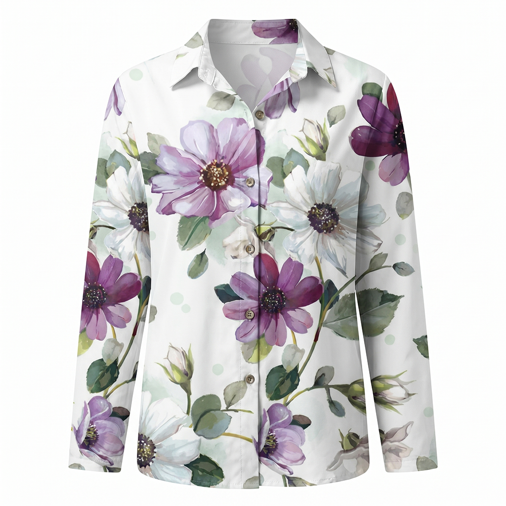 Women’s printed split-neck blouse with button front and rolled-up sleeves; white with purple flowers