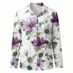 Women’s printed split-neck blouse with button front and rolled-up sleeves; white with purple flowers
