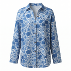 Printed split-neck blouse with button front, blue abstract pattern, long sleeves