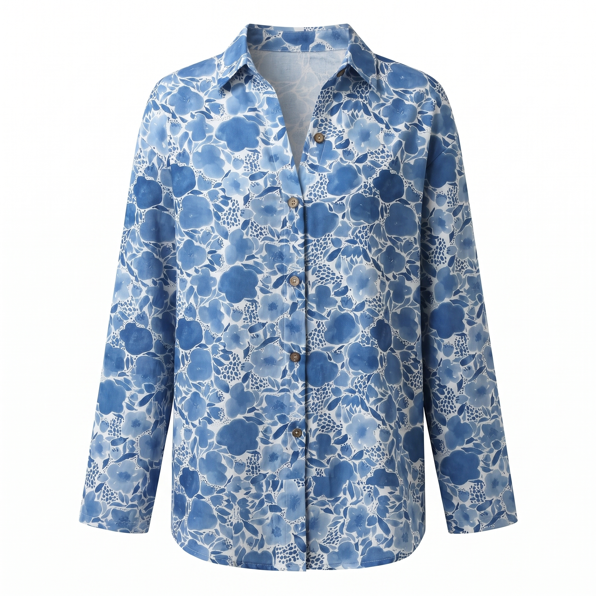 Printed split-neck blouse with button front, blue abstract pattern, long sleeves