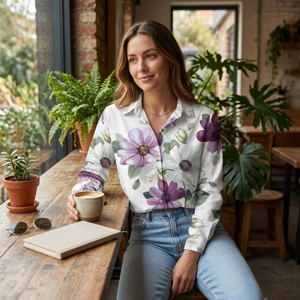 Women’s printed split-neck blouse, button front; white with purple floral print and rolled-up sleeves