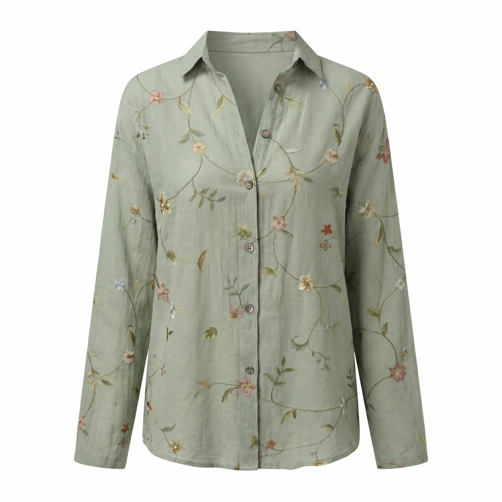 Printed split-neck blouse with button front, sage floral vine print, long sleeves