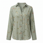 Printed split-neck blouse with button front, sage floral vine print, long sleeves