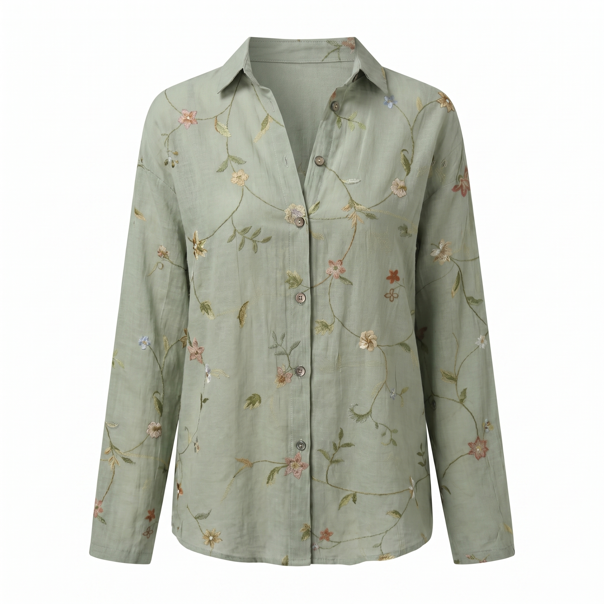 Printed split-neck blouse with button front, sage floral vine print, long sleeves