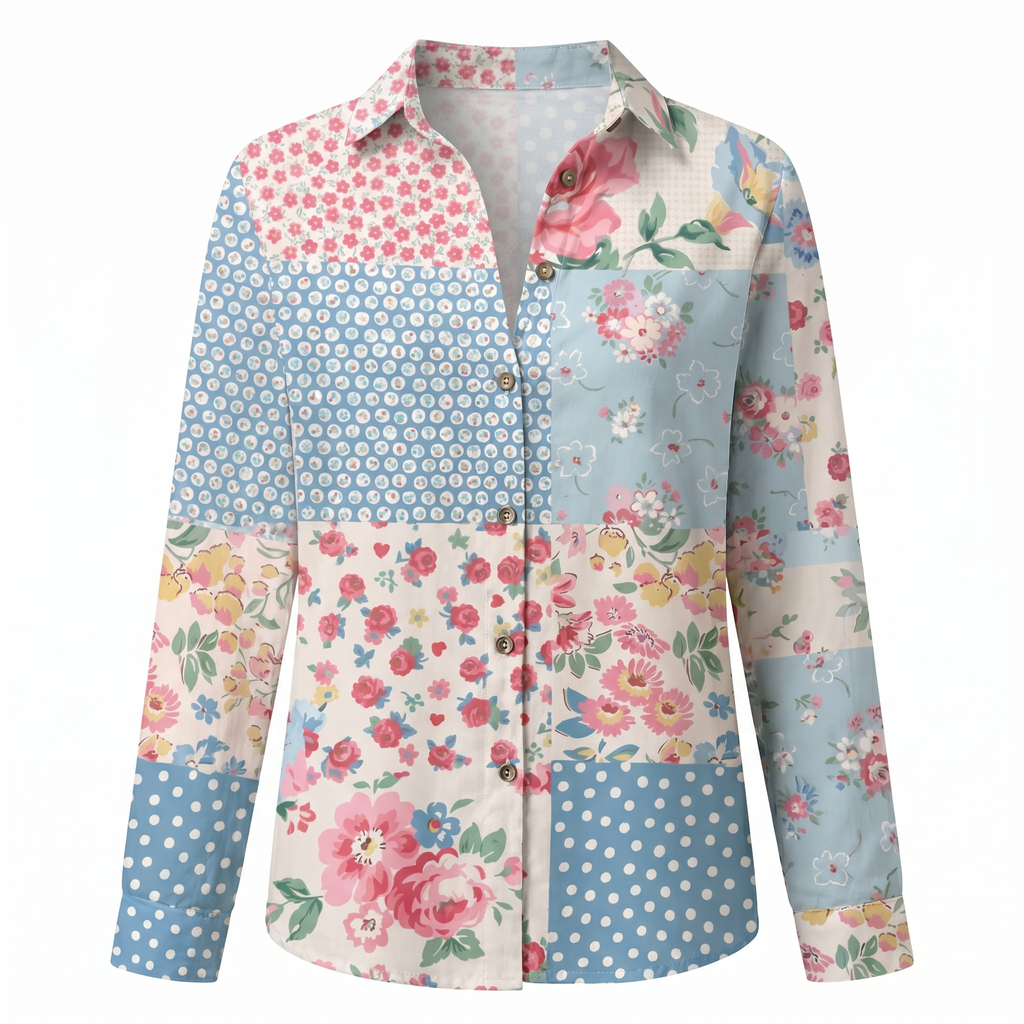 Printed split-neck blouse with button front, multicolor patchwork floral and dots