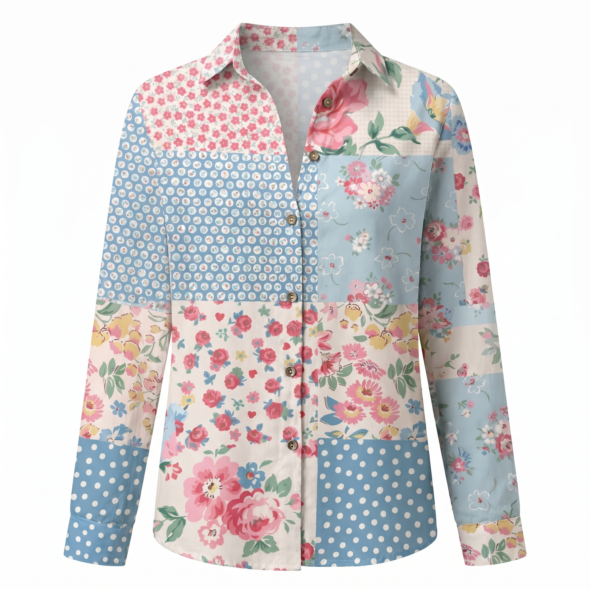 Printed split-neck blouse with button front, multicolor patchwork floral and dots