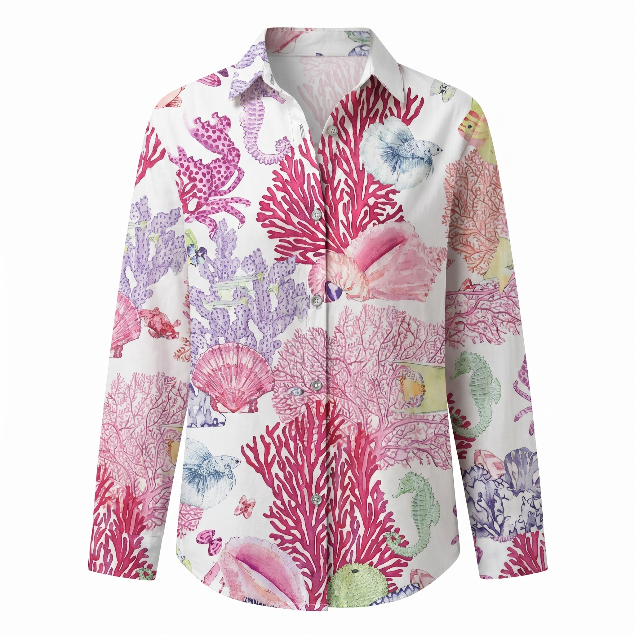 Printed split-neck blouse with button front, coral and sea-creature print, long sleeves