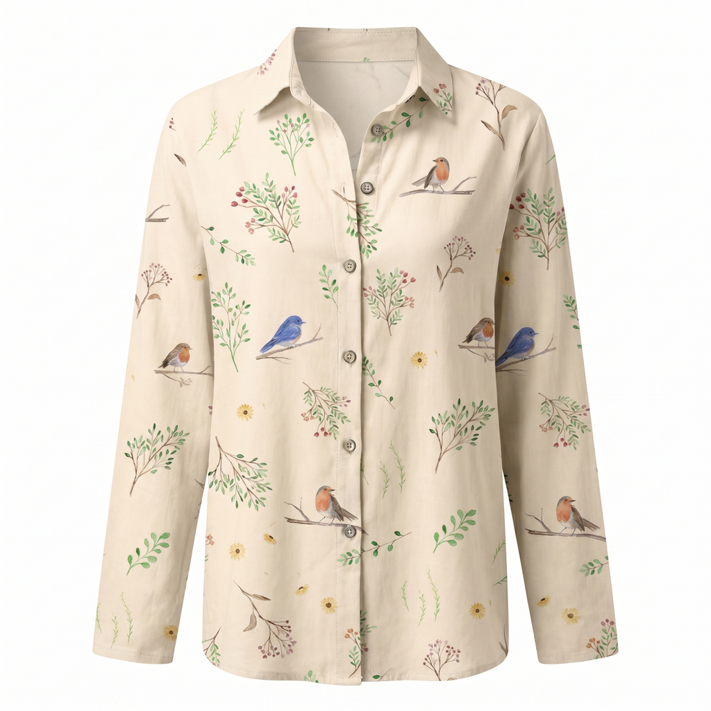 Printed split-neck blouse with button front, light cream bird and botanicals, long sleeves