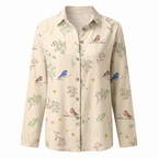 Printed split-neck blouse with button front, light cream bird and botanicals, long sleeves