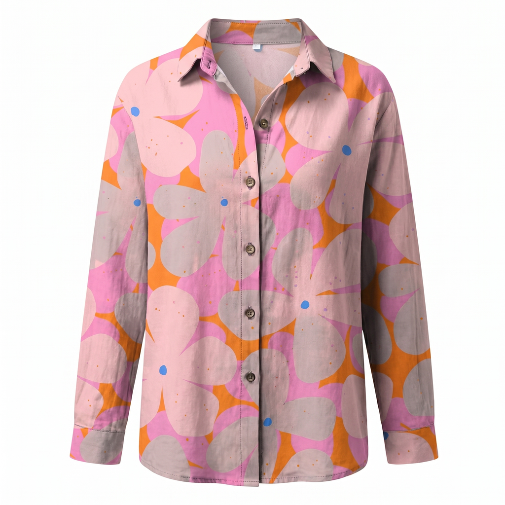 Printed split-neck blouse with button front, pink purple abstract shapes, long sleeves