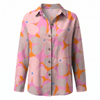 Printed split-neck blouse with button front, pink purple abstract shapes, long sleeves