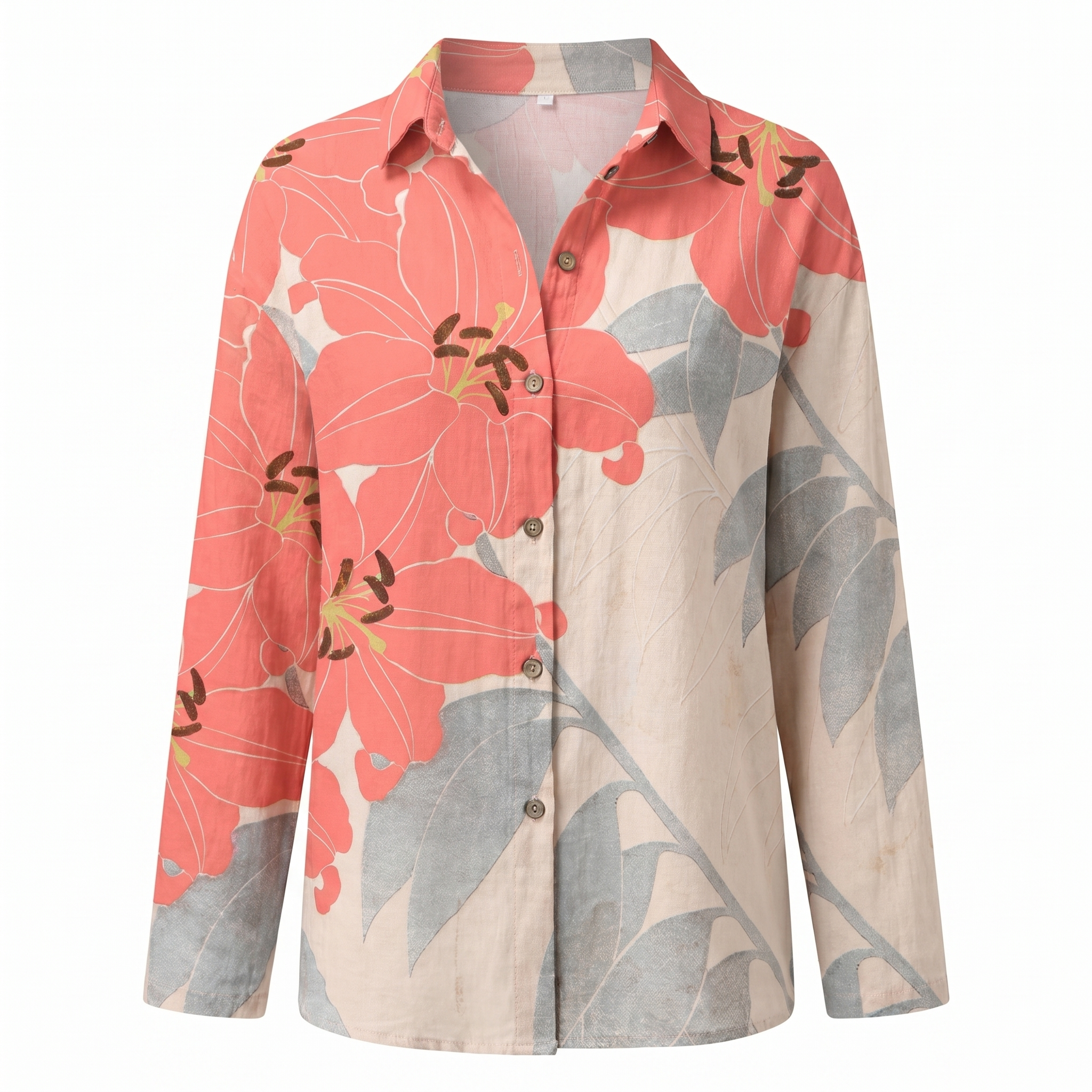 Printed split-neck blouse with button front, coral and gray floral leaf print, long sleeves