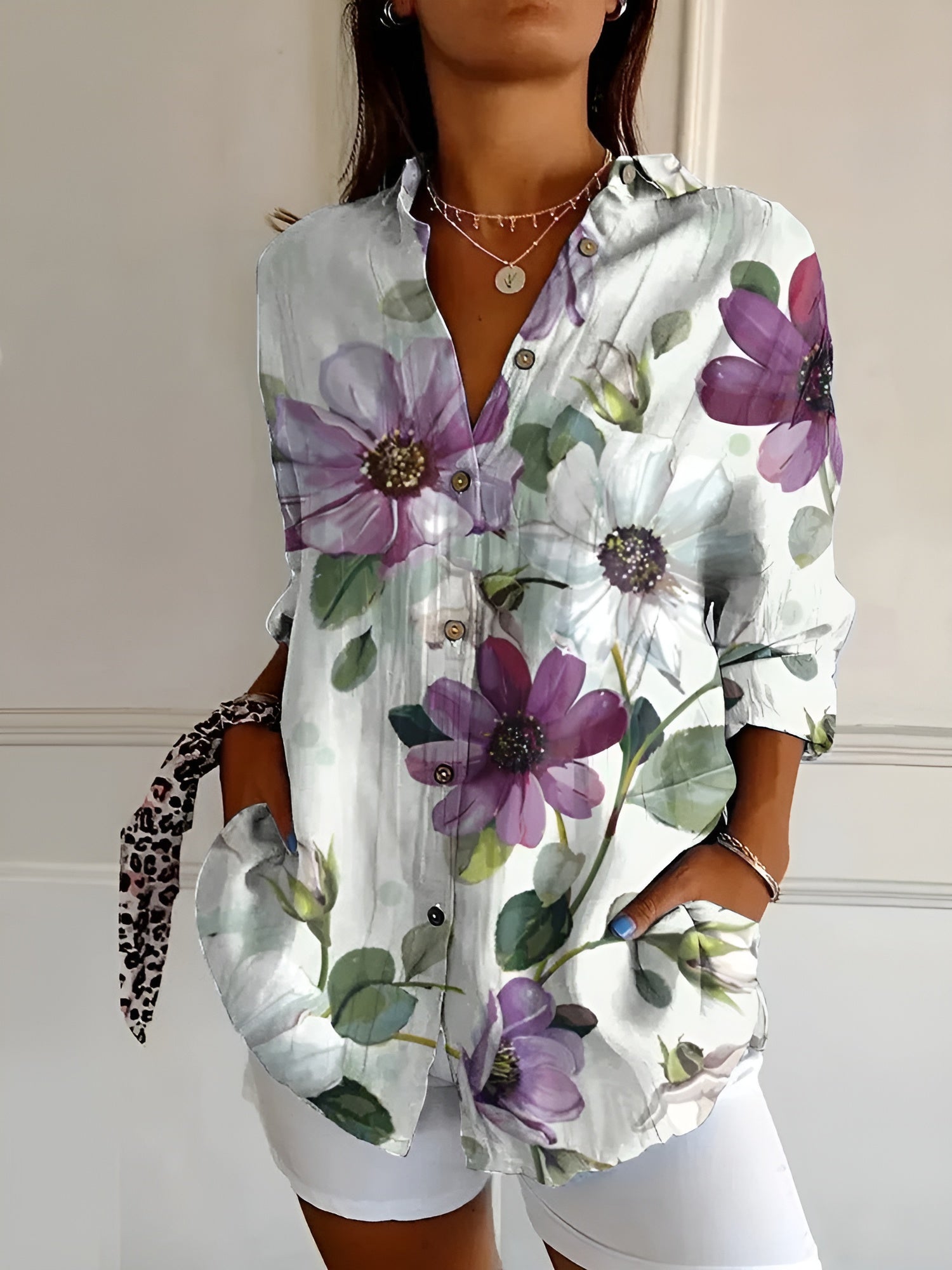 Printed split-neck blouse with button front, white with purple flower print, rolled sleeves
