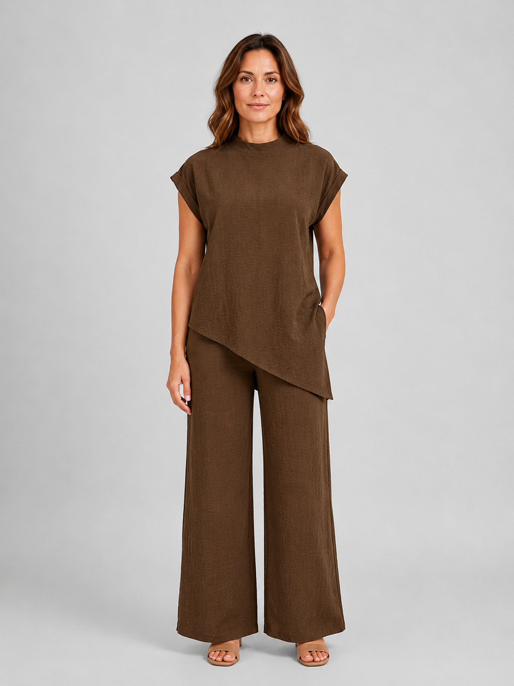 Women's relaxed co-ord set in coffee brown: asymmetric top and wide-leg trousers