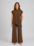 Women's relaxed co-ord set in coffee brown: asymmetric top and wide-leg trousers