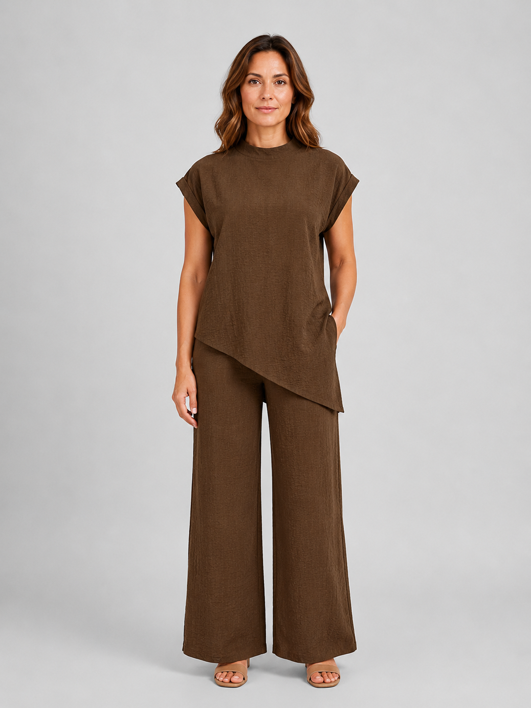 Women's relaxed co-ord set in coffee brown: asymmetric top and wide-leg trousers