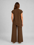 Women's relaxed co-ord set in coffee brown, back view: asymmetric top with wide-leg pants