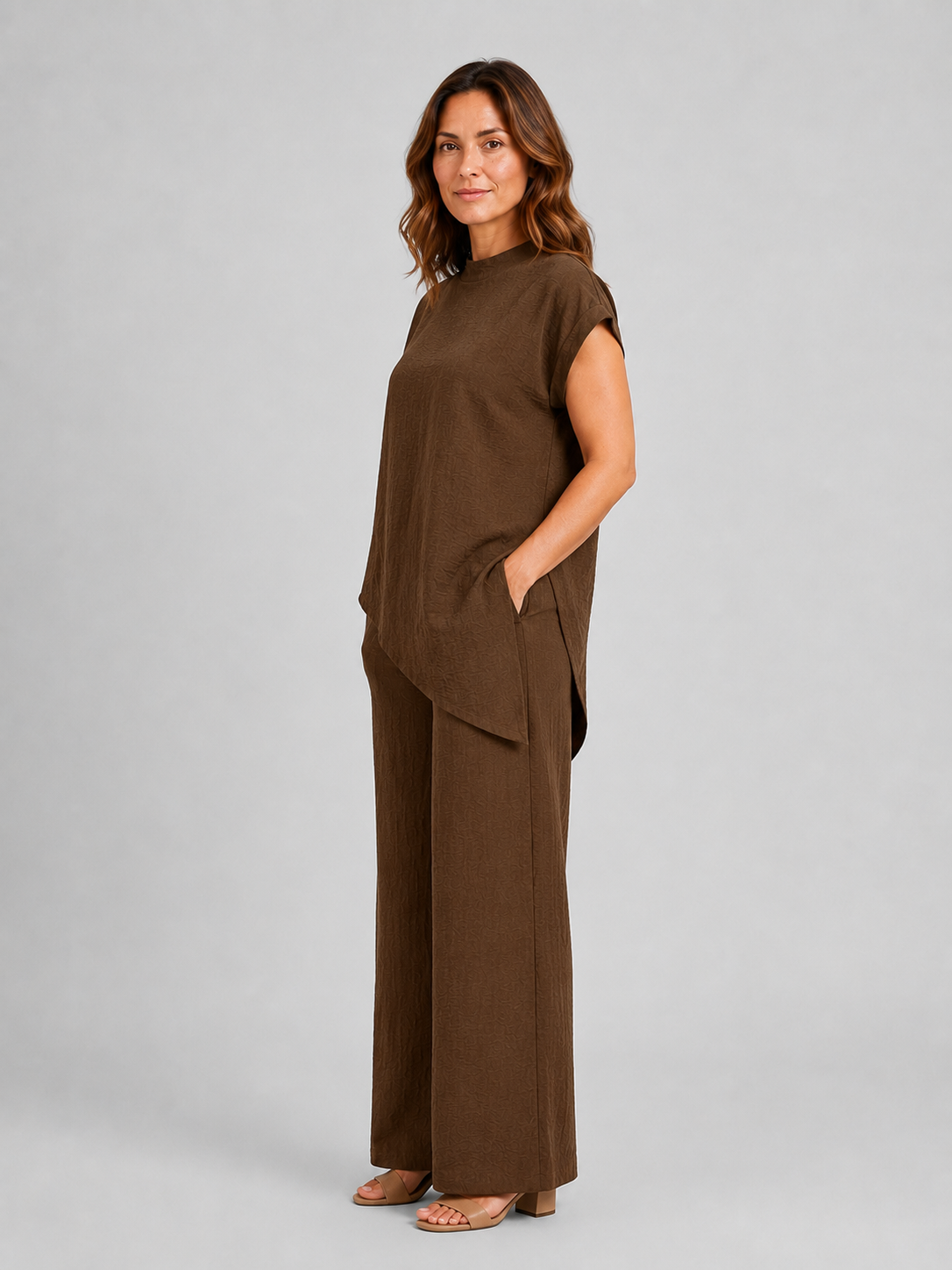 Women's relaxed co-ord set in coffee brown: sleeveless asymmetric top with wide-leg trousers