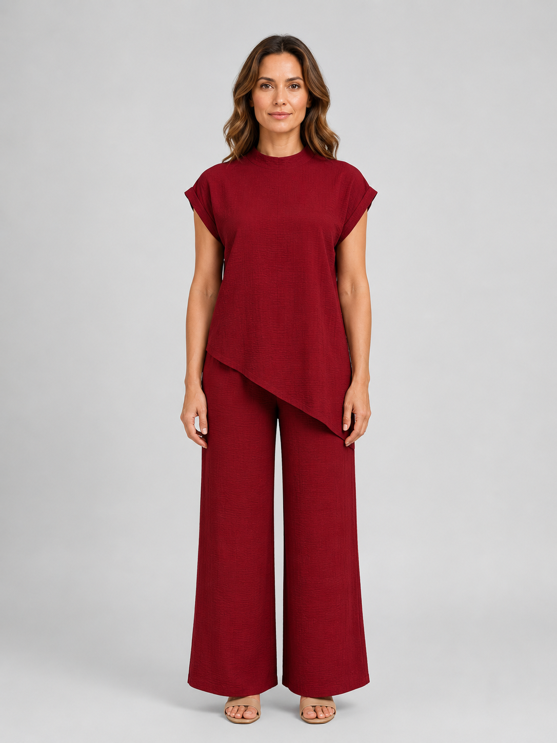 Women's relaxed co-ord set in burgundy: asymmetric top and wide-leg trousers