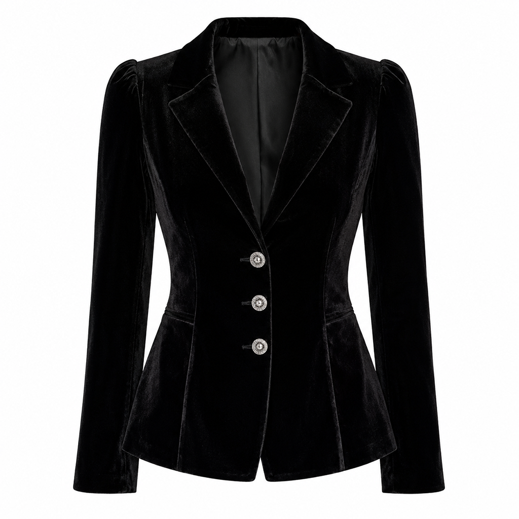 Black velvet-look blazer with notch lapels, long sleeves, and three front buttons