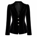 Black velvet-look blazer with notch lapels, long sleeves, and three front buttons