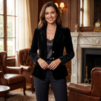 Black women's slim-fit blazer with notch lapels and front buttons, long sleeves