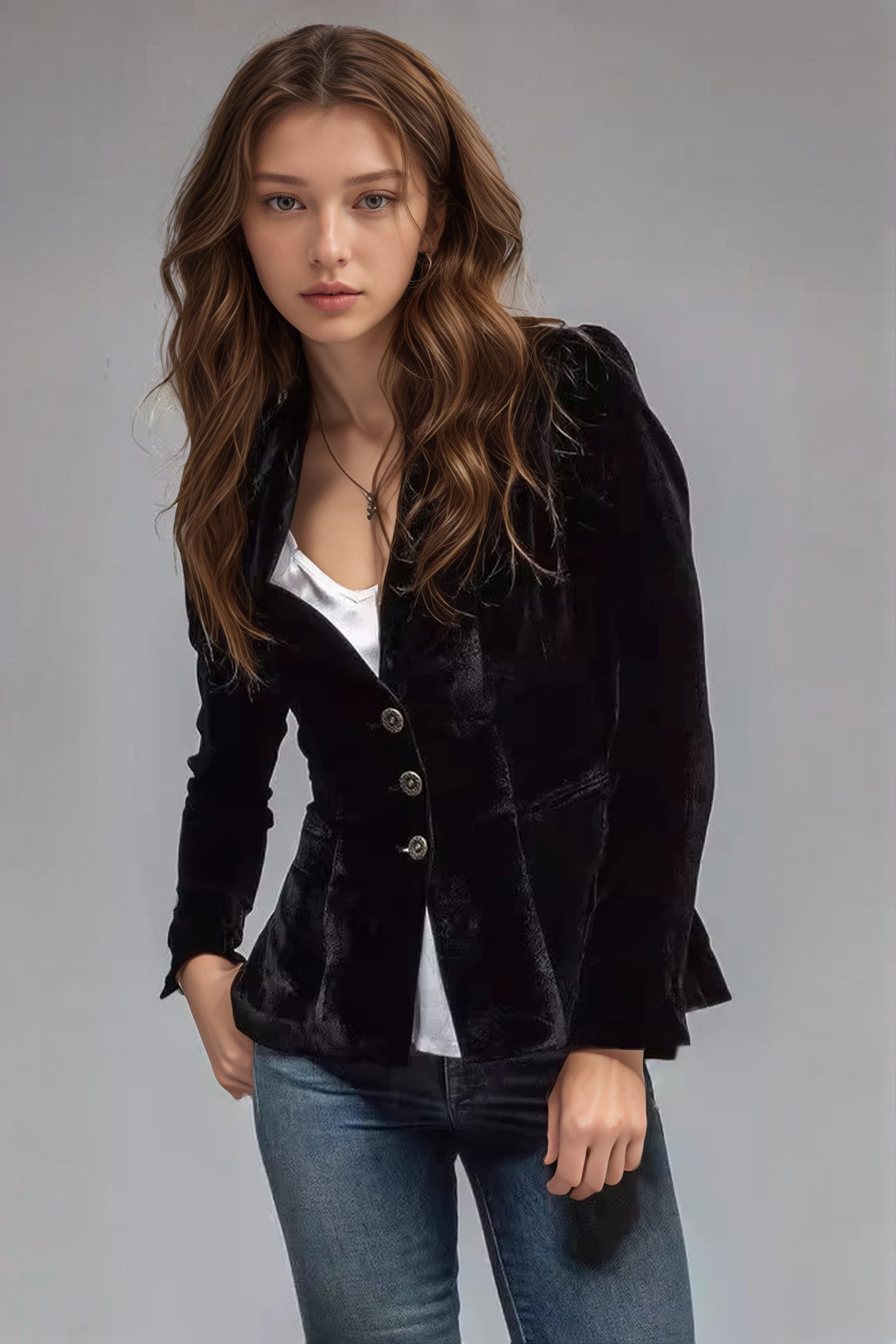 Black notch lapel blazer with flap pockets and three-button front, flared hem