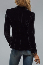Black back view notch lapel blazer with tailored seams and flared hem