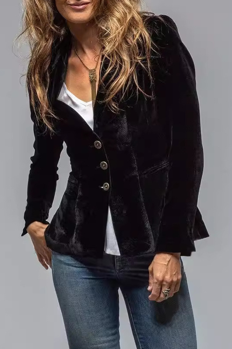 Black notch lapel blazer with flap pockets and three-button front, peplum-style hem