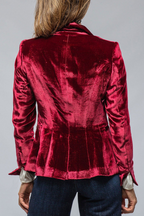 Dark red back view notch lapel blazer with flared hem and tailored seams