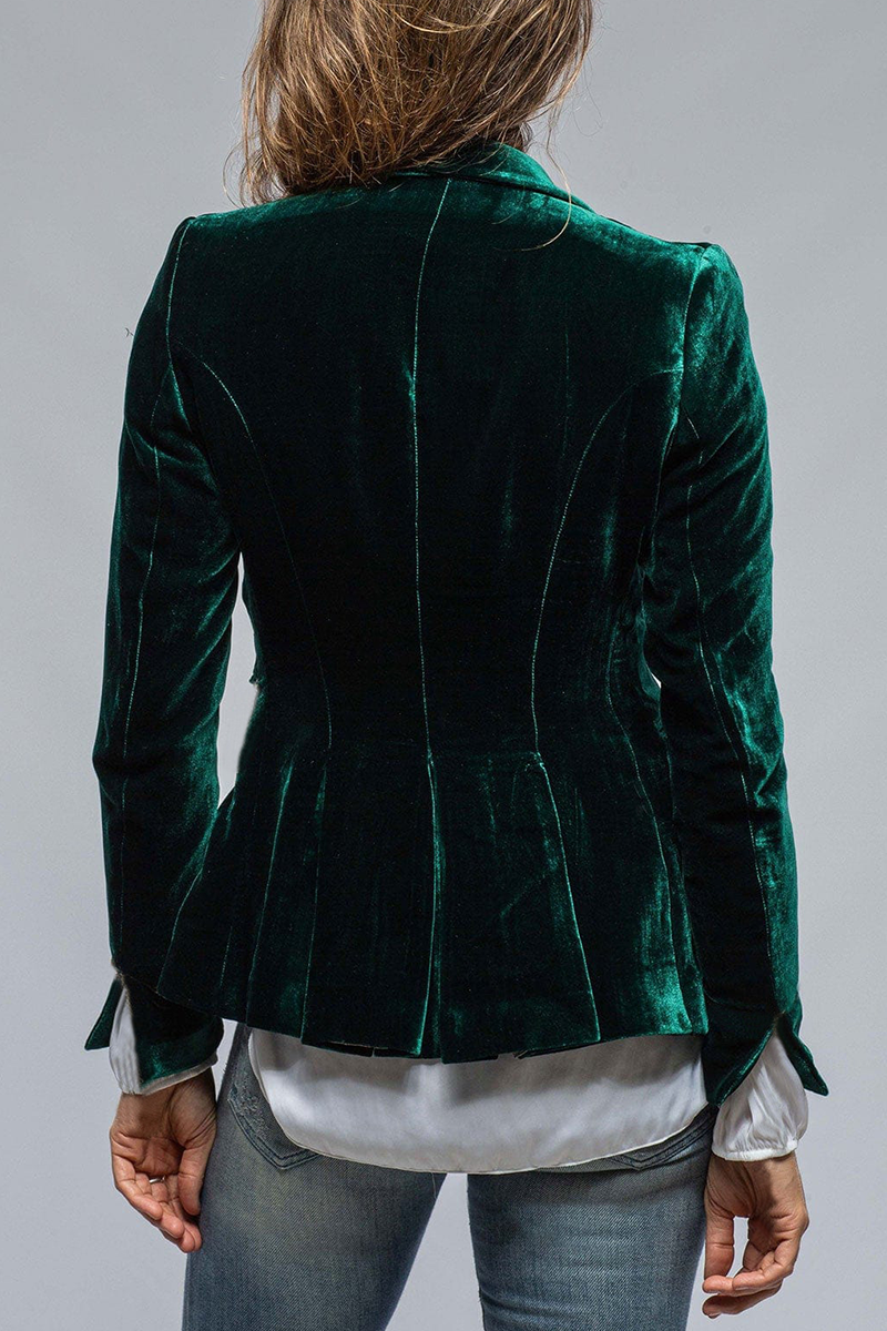 Green back view notch lapel blazer with tailored seams and flared hem