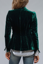 Green back view notch lapel blazer with tailored seams and flared hem