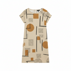 Beige shift mini dress with abstract geometric pattern, round neck, short sleeves