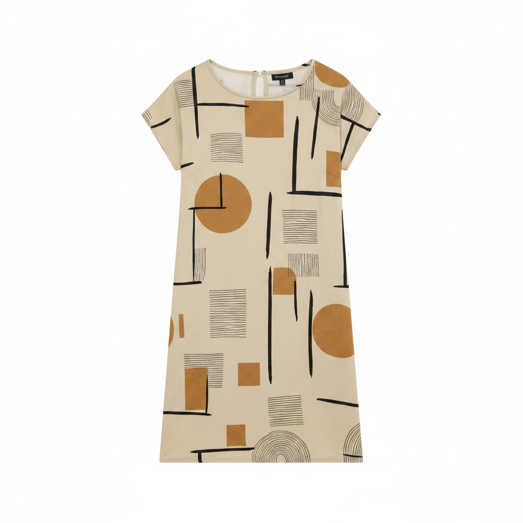 Beige shift mini dress with abstract geometric pattern, round neck, short sleeves