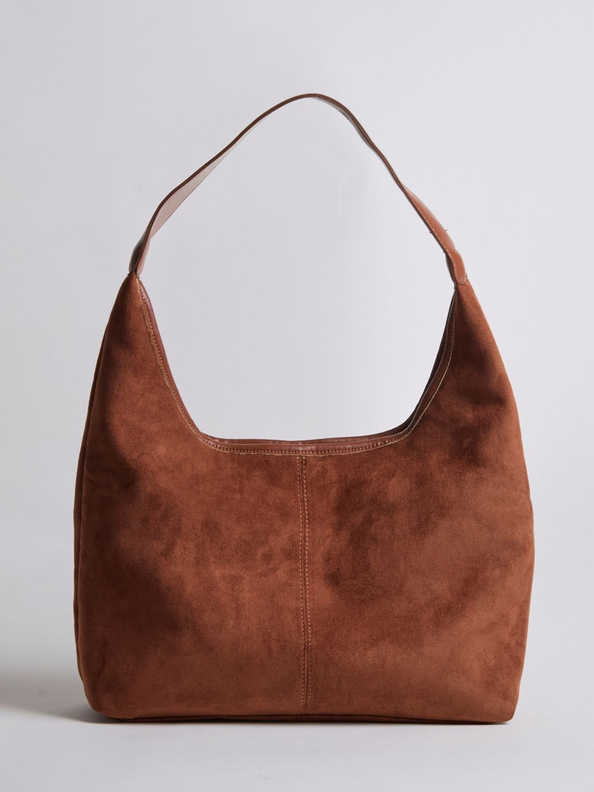 Women's hobo shoulder bag in chestnut-brown suede-look fabric with zippered top and handles