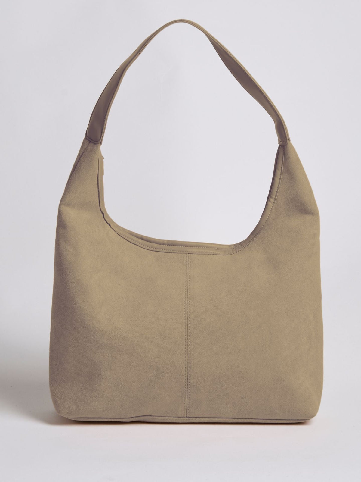 Beige sand suede shoulder bag with top zipper and curved top handle