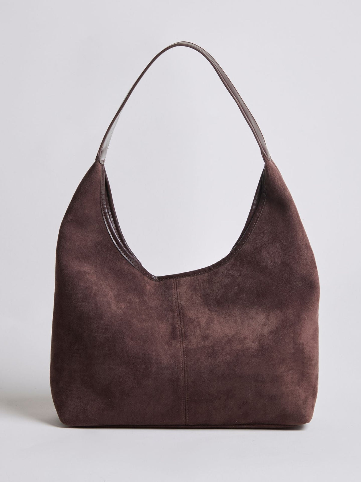 Chestnut brown suede shoulder bag with top zipper and curved handle