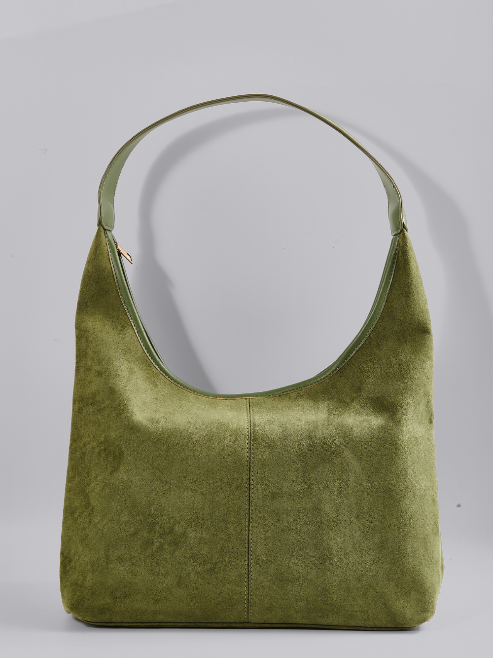 Olive green suede shoulder bag with top zipper and curved top handle