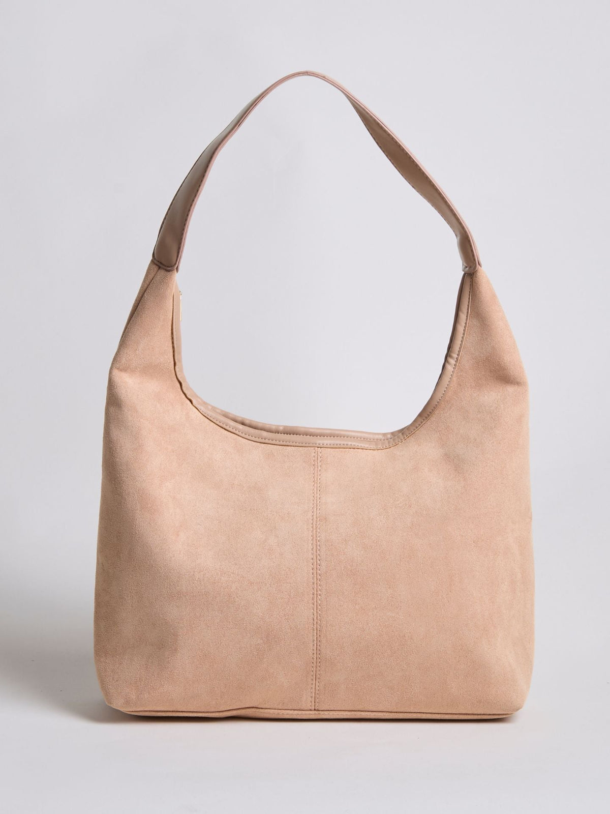 Beige suede shoulder bag with top zipper and curved top handle