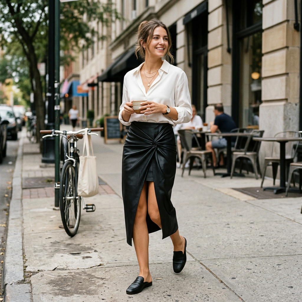 Black high-waisted wrap midi skirt on model, knotted waist with high front slit