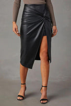 Black faux leather midi wrap skirt with knotted high waist and side front slit